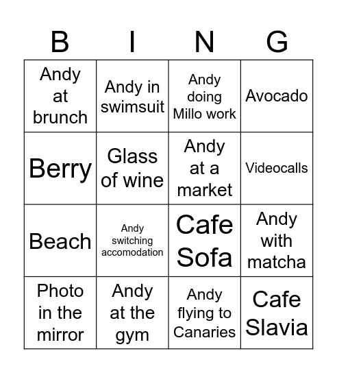 Andy daily Instagram stories Bingo Card