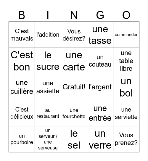 Au Restaurant Bingo Card