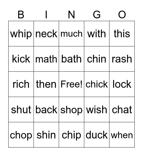 Digraph Bingo Card