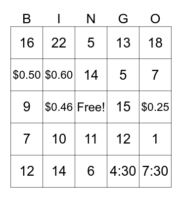 Math Review Bingo Card