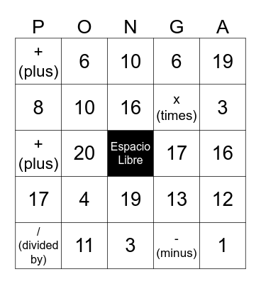 Números en Español 0-20 Bingo Card