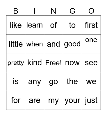 Spelling words Bingo Card