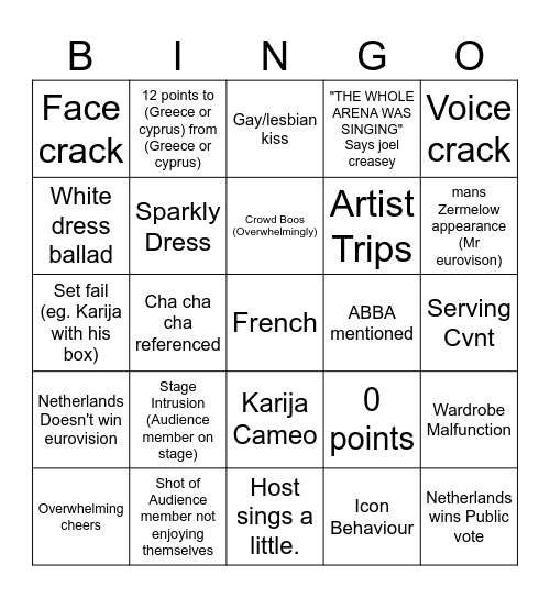 Eurovision Bingo Card