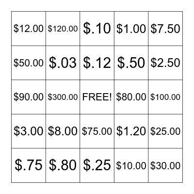 Money Math Bingo Card