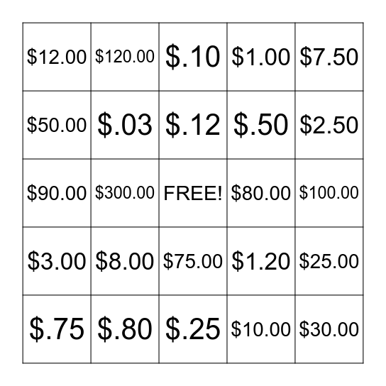 Money Math Bingo Card