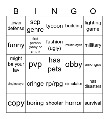 roblox games bingo Card