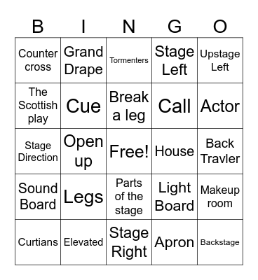 Theatre Terms/Stage Directions Bingo Card