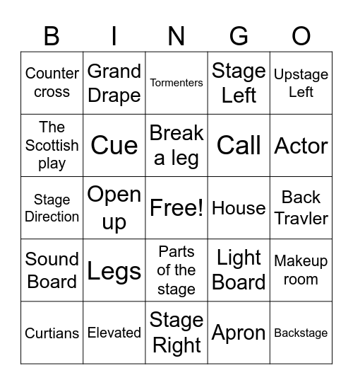 Theatre Terms/Stage Directions Bingo Card