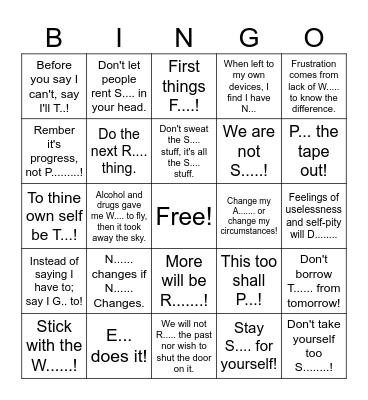 Recovery Bingo Card