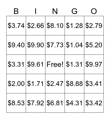 Money Math Bingo Card