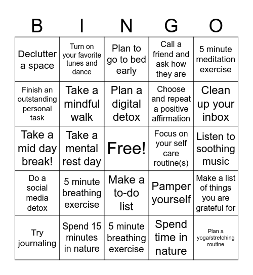 Mental Wellness BINGO Card