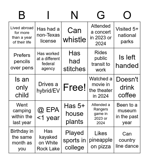 White Rock Lake Bingo Card