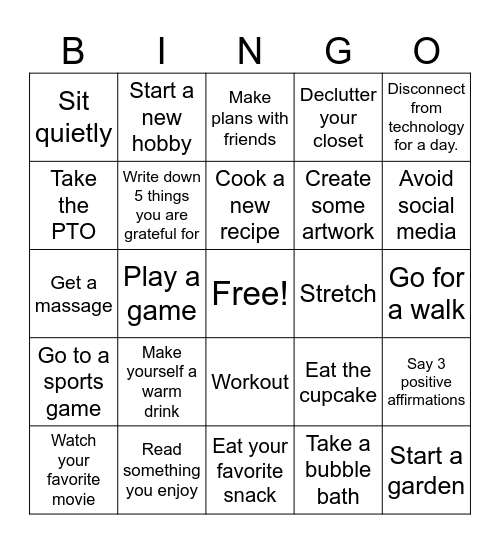 DIGITAL Self-Care BINGO CHALLENGE Bingo Card