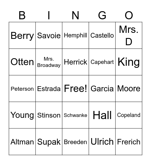 SHS NAME BINGO Card