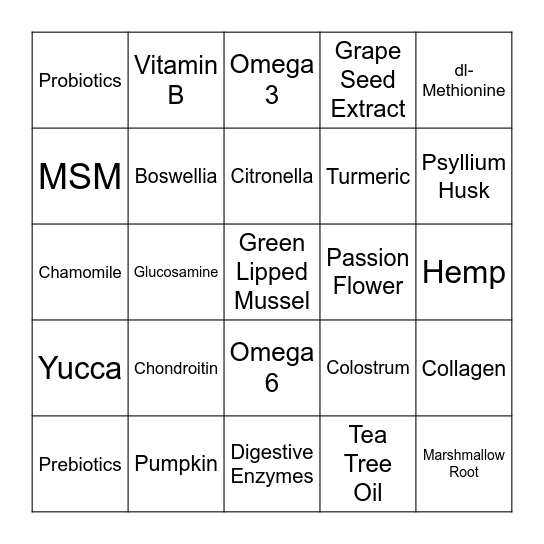 Ingredient Bingo Card