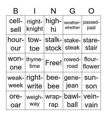 Homophone Bingo Card
