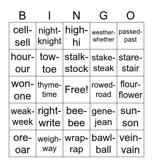 Homophone Bingo Card