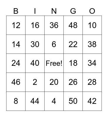 Half of a Number Bingo Card