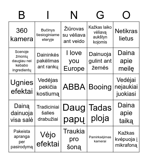 Eurovizija 2024 Bingo Card