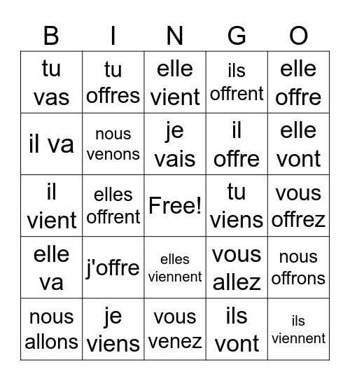 offir, venir, aller conjugations Bingo Card