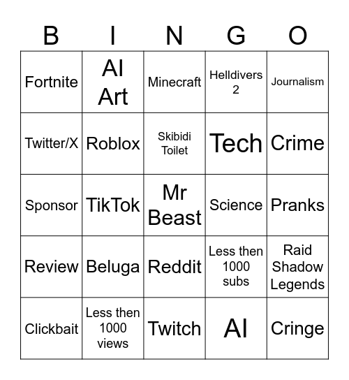 Youtube Bingo Card