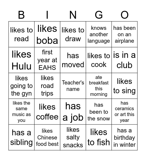 Getting to Know You Bingo Card