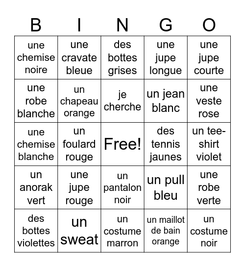 Colors and clothing Bingo Card
