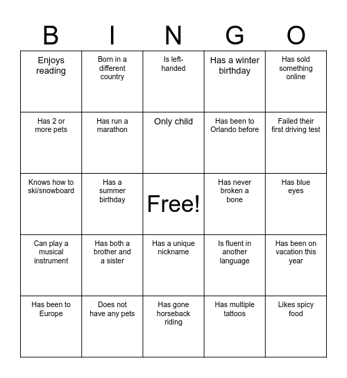 Icebreaker Bingo Card