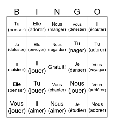 Verbes ER Conjugaison Bingo Card