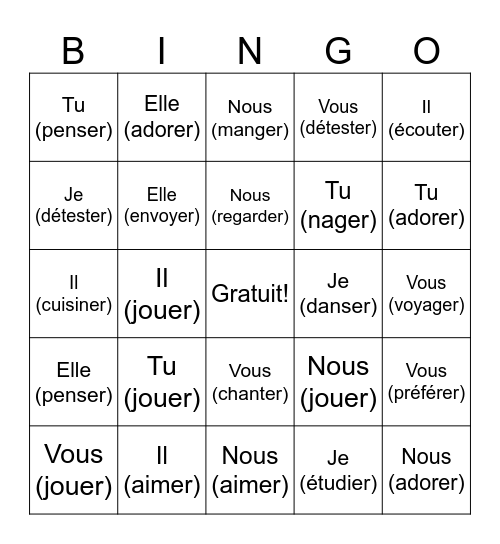 Verbes ER Conjugaison Bingo Card
