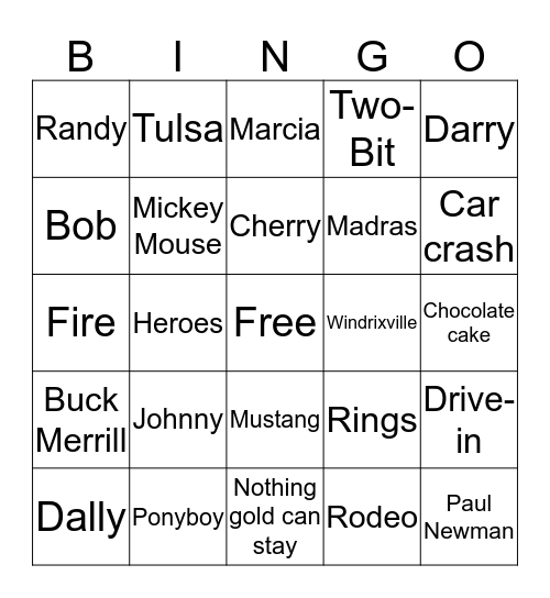 The Outsiders Bingo Card