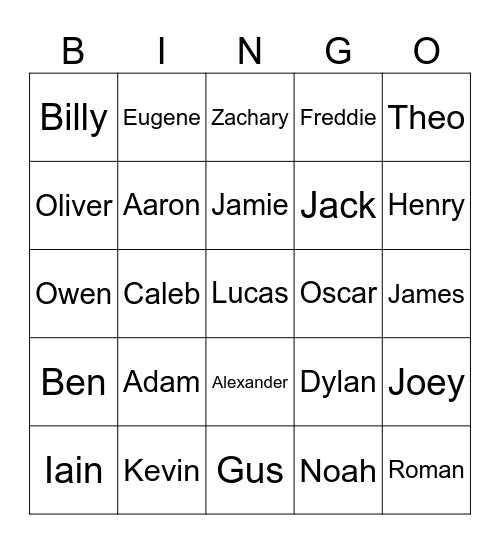 Baby Name Bingo Card