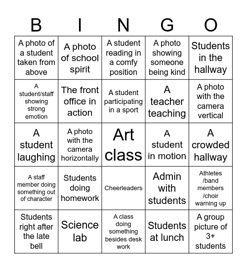 Yearbook Photo Scavenger Hunt Bingo Card