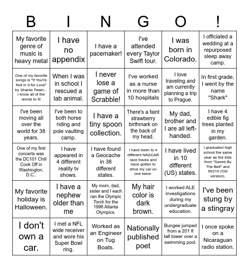 Human Bingo (6 in a row) Bingo Card