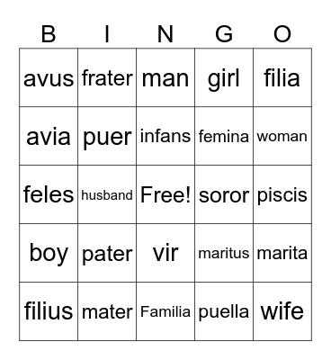 Latin Familia Bingo Card