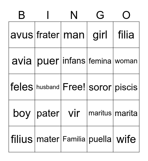 Latin Familia Bingo Card