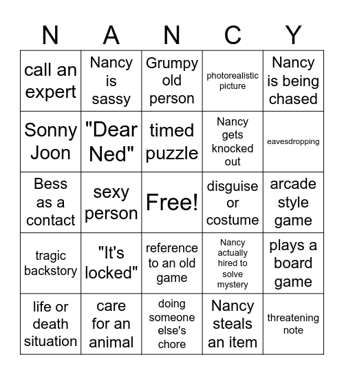 Nancy Drew Bingo Card