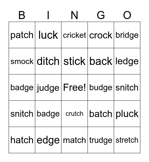 ck, tch, dge short vowel sound only Bingo Card