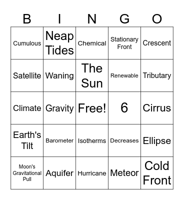 Science- 6th Grade Bingo Card