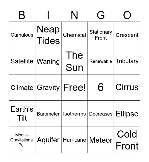 Science- 6th Grade Bingo Card