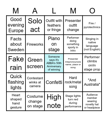 Eurovision 2024 Bingo Card