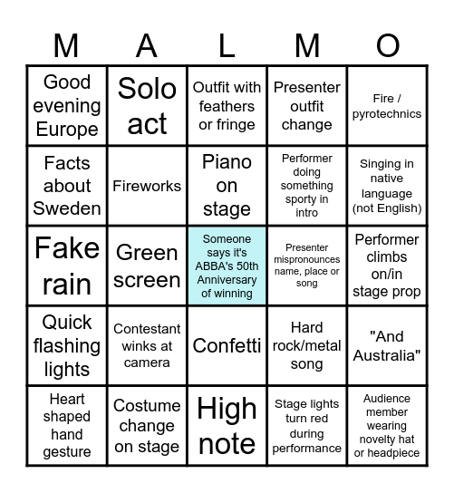 Eurovision 2024 Bingo Card