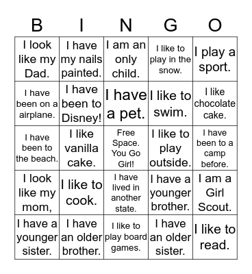 All About Me Bingo Card