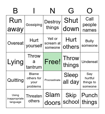 Unhealth Coping Skills Bingo Card