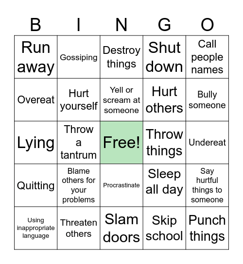 Unhealth Coping Skills Bingo Card