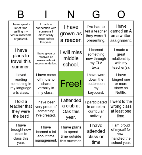 End of the School Year Bingo Card