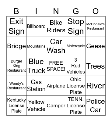 Road Trips Bingo Card