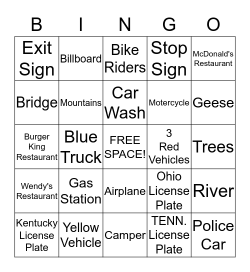 Road Trips Bingo Card