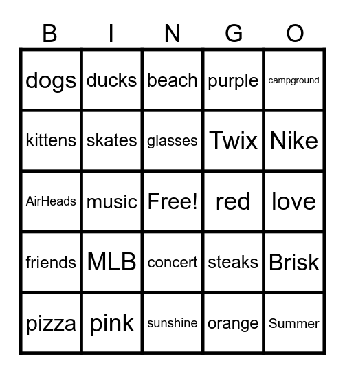 Things We Like Bingo Card