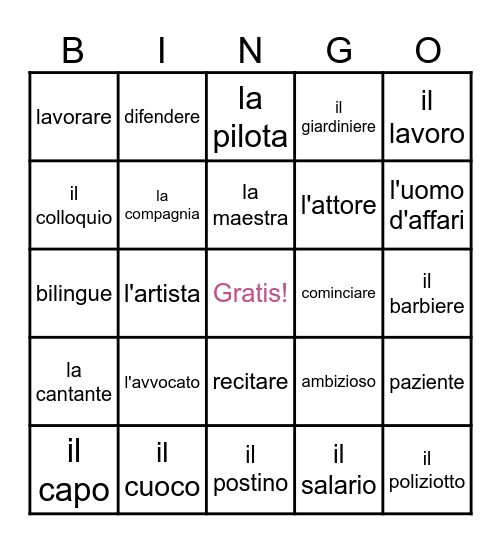 il lavoro Bingo Card